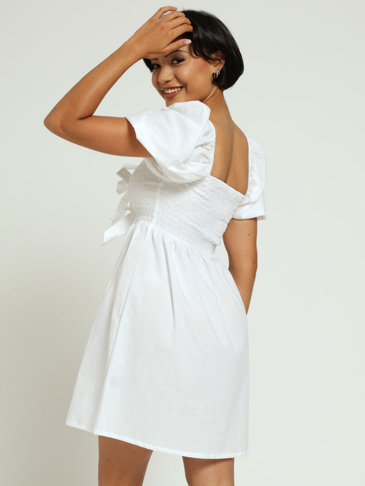 Bow Smock Dress - White