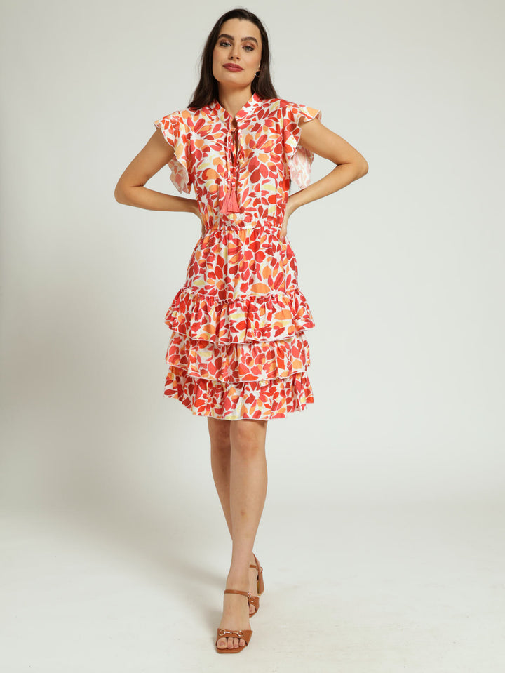 Sleeveless Frilly Waisted Leaf Print Dress - Coral