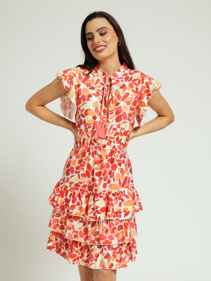 Sleeveless Frilly Waisted Leaf Print Dress - Coral