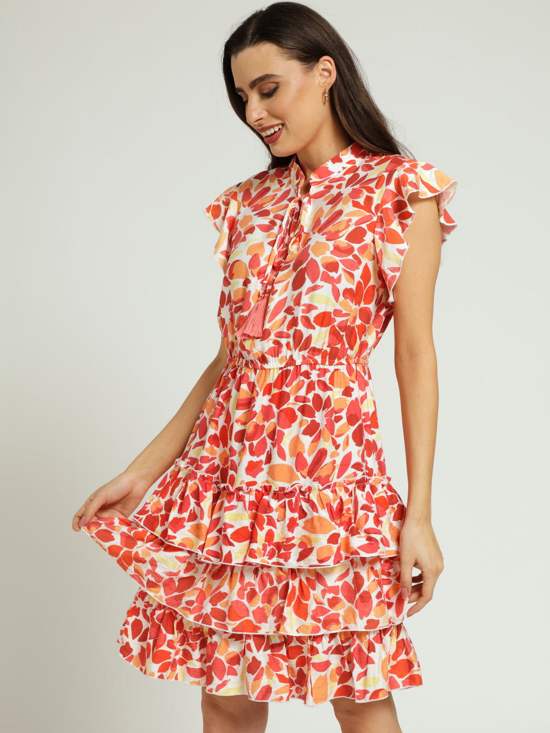 Sleeveless Frilly Waisted Leaf Print Dress - Coral