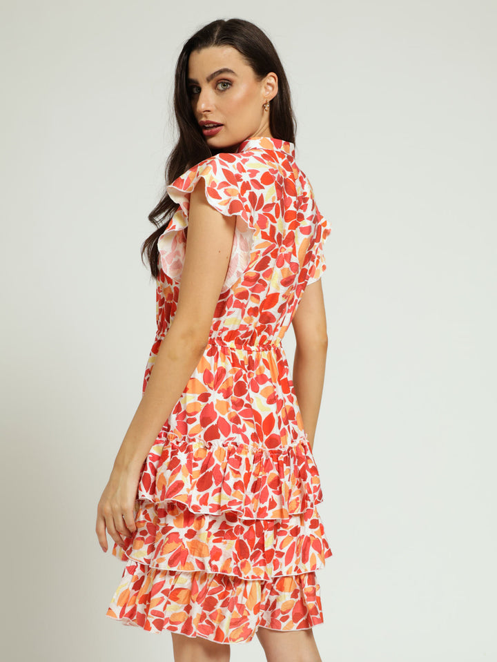 Sleeveless Frilly Waisted Leaf Print Dress - Coral