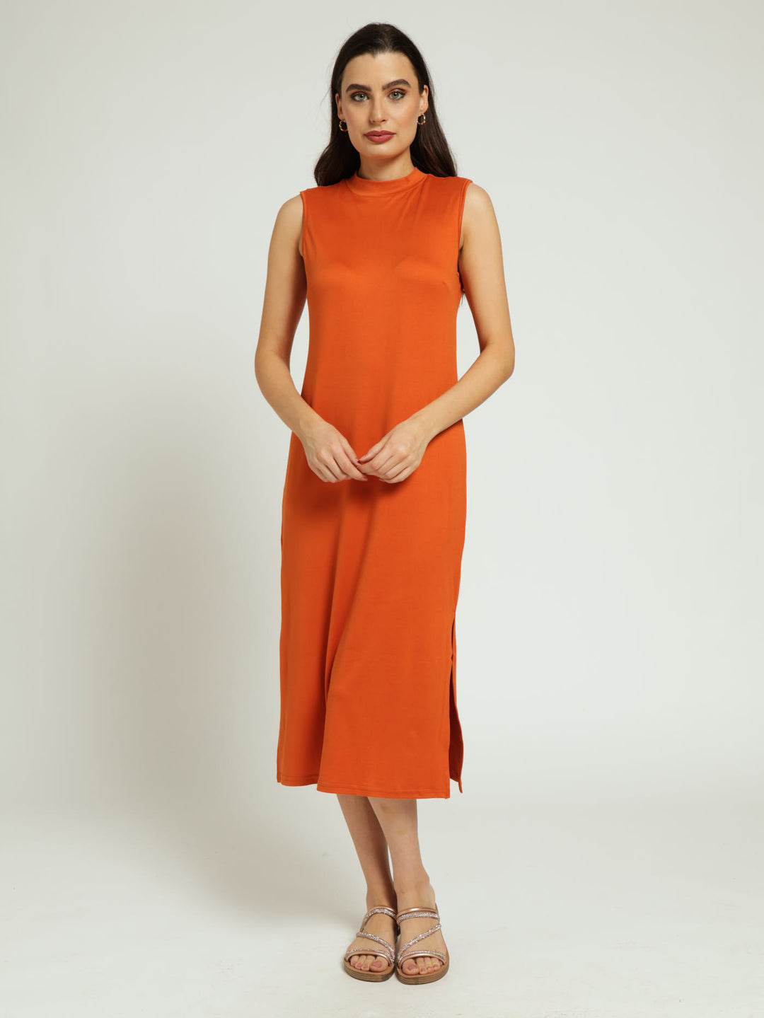 Sleeveless Turtle Neck Midi Column Dress With Side Slits - Rust