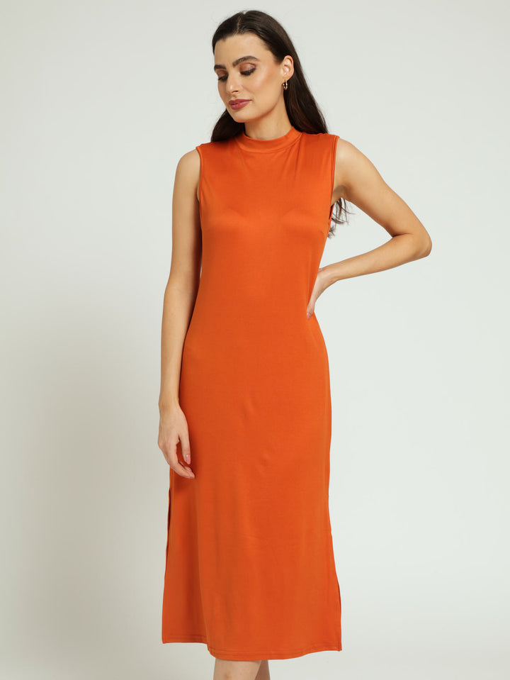 Sleeveless Turtle Neck Midi Column Dress With Side Slits - Rust