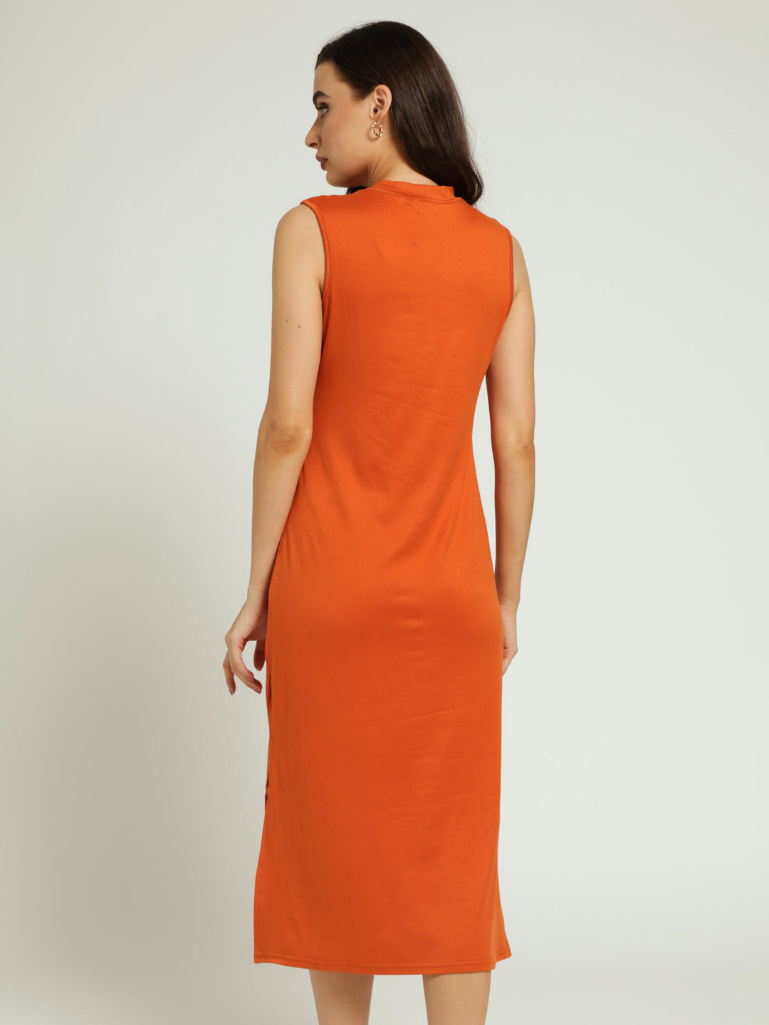 Sleeveless Turtle Neck Midi Column Dress With Side Slits - Rust