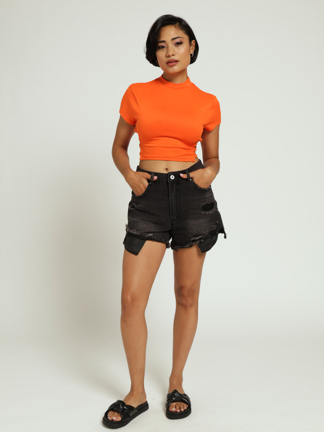 High Neck Side Strap Tee - Orange