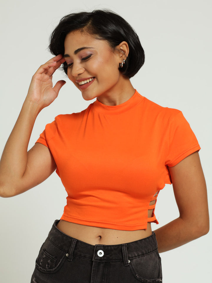 High Neck Side Strap Tee - Orange