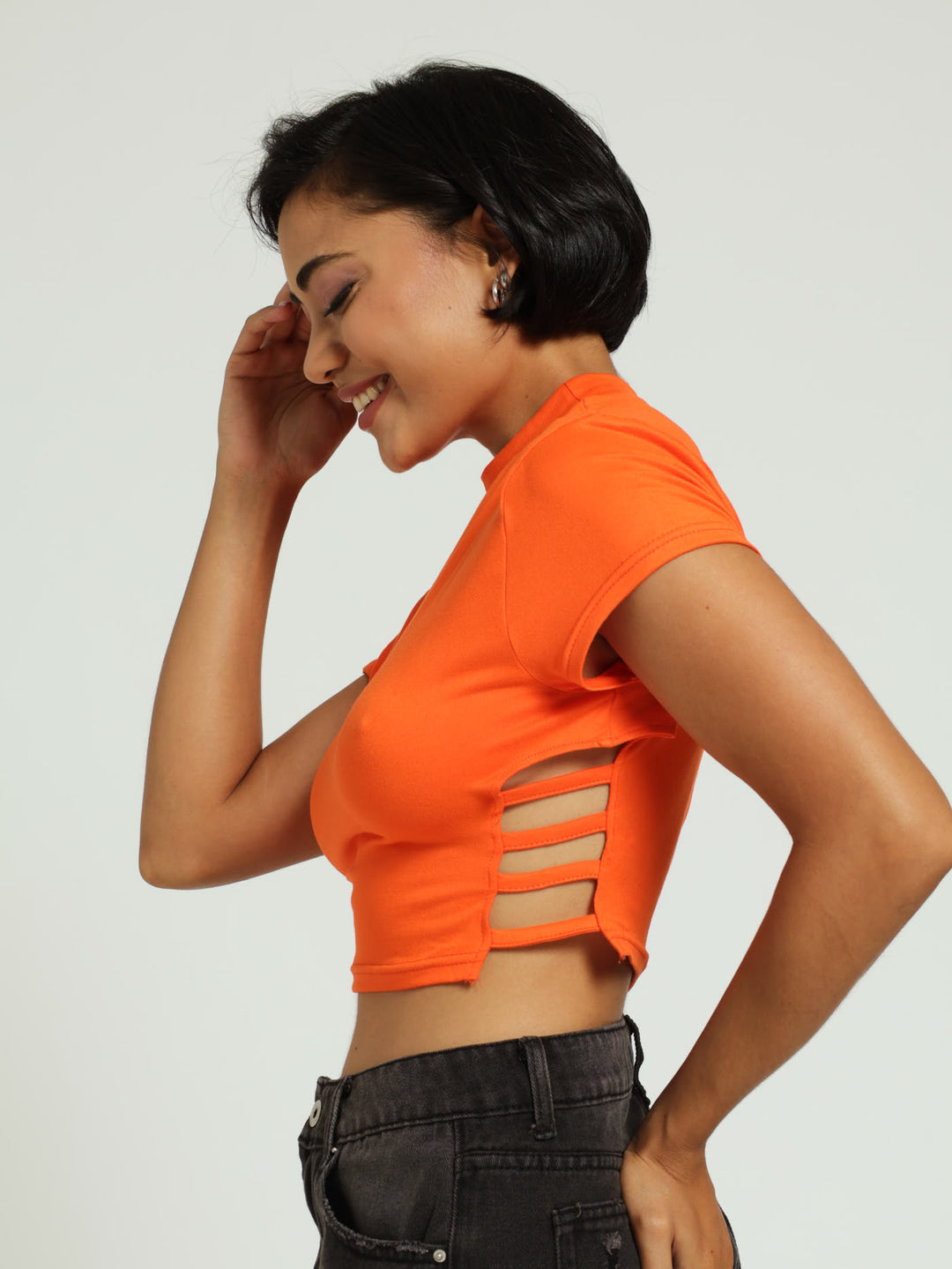 High Neck Side Strap Tee - Orange