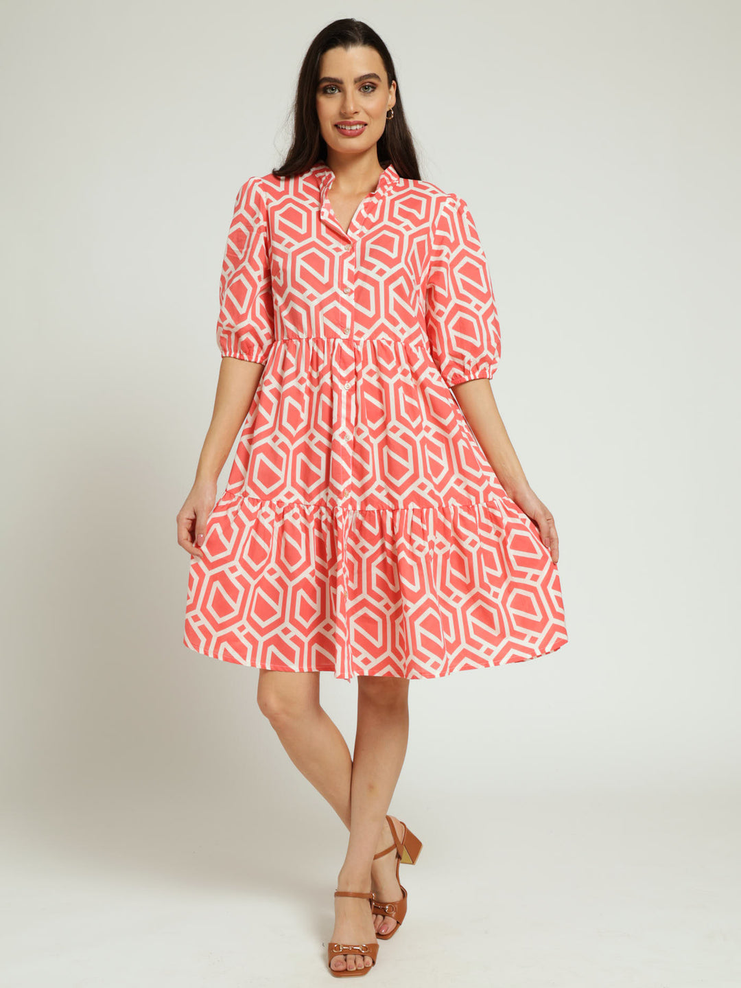 3/4 Sleeve Tiered Button Through Geo Dress - Flamingo