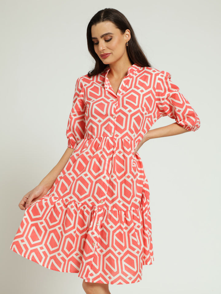 3/4 Sleeve Tiered Button Through Geo Dress - Flamingo