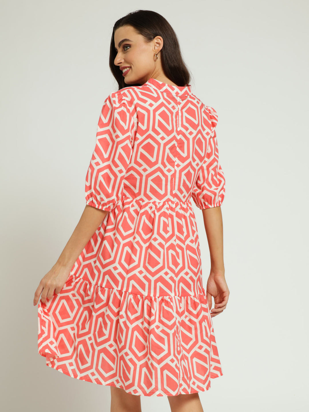 3/4 Sleeve Tiered Button Through Geo Dress - Flamingo