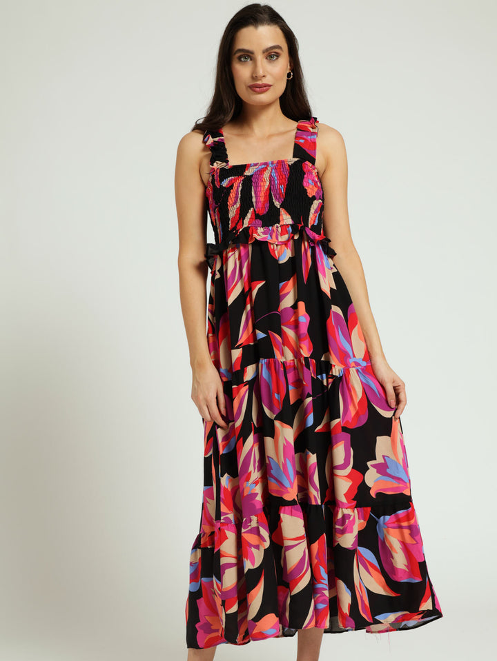 Sleeveless Frill Strap Tiered Shirred Maxi Dress - Floral