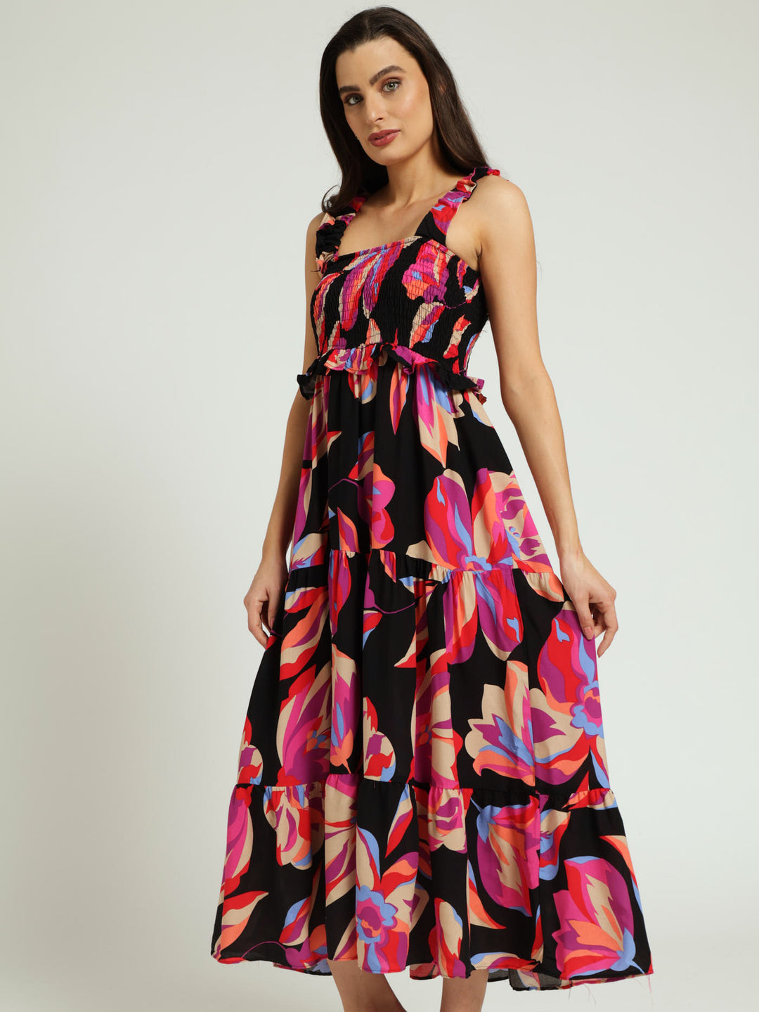 Sleeveless Frill Strap Tiered Shirred Maxi Dress - Floral