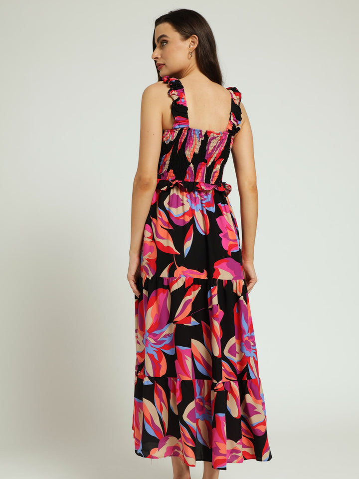 Sleeveless Frill Strap Tiered Shirred Maxi Dress - Floral