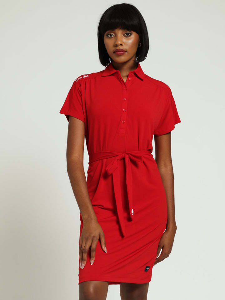 Batwing Belted Shirt Dress - Red