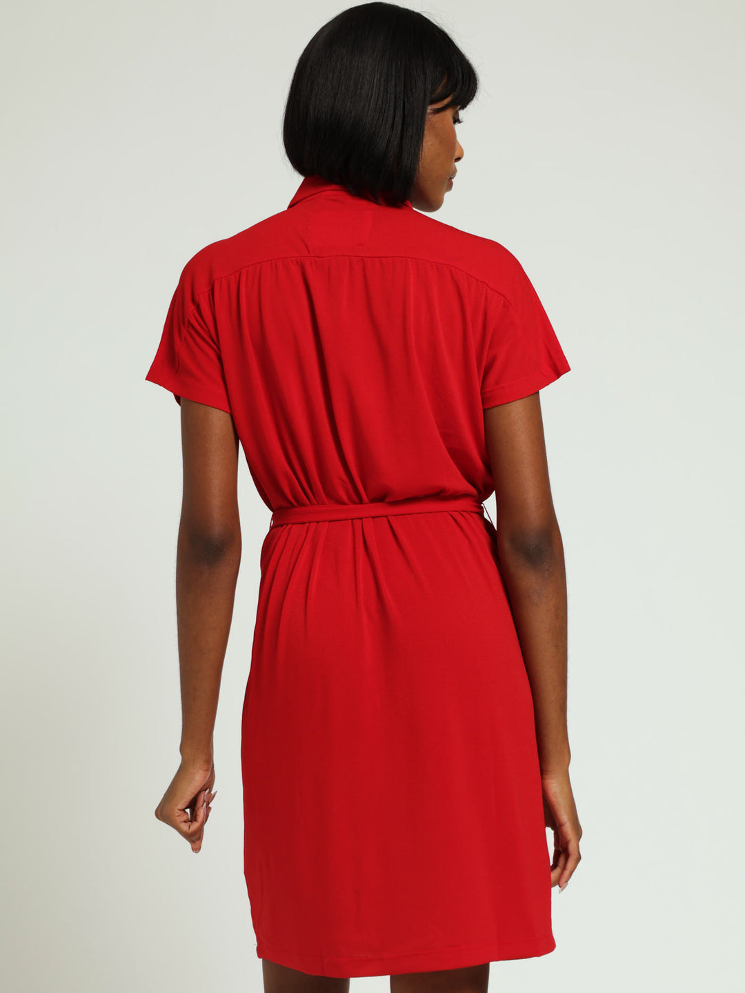 Batwing Belted Shirt Dress - Red