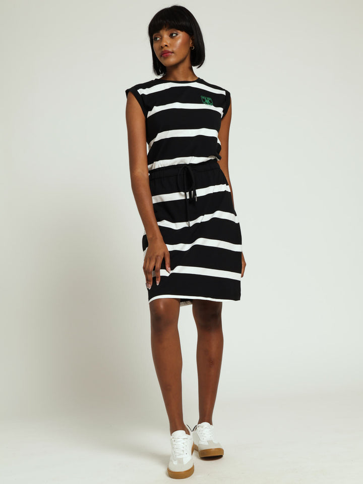 Yarn Dyed Stripe Elasticated Waist Embroidered Badge Dress - Black/White