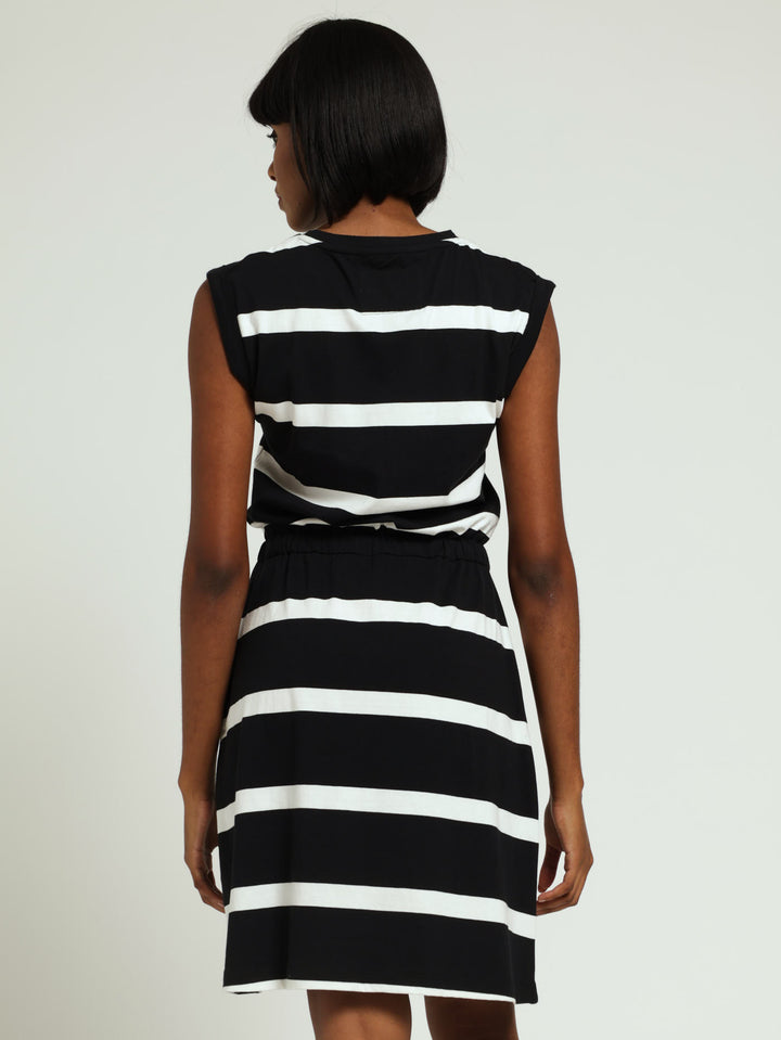 Yarn Dyed Stripe Elasticated Waist Embroidered Badge Dress - Black/White