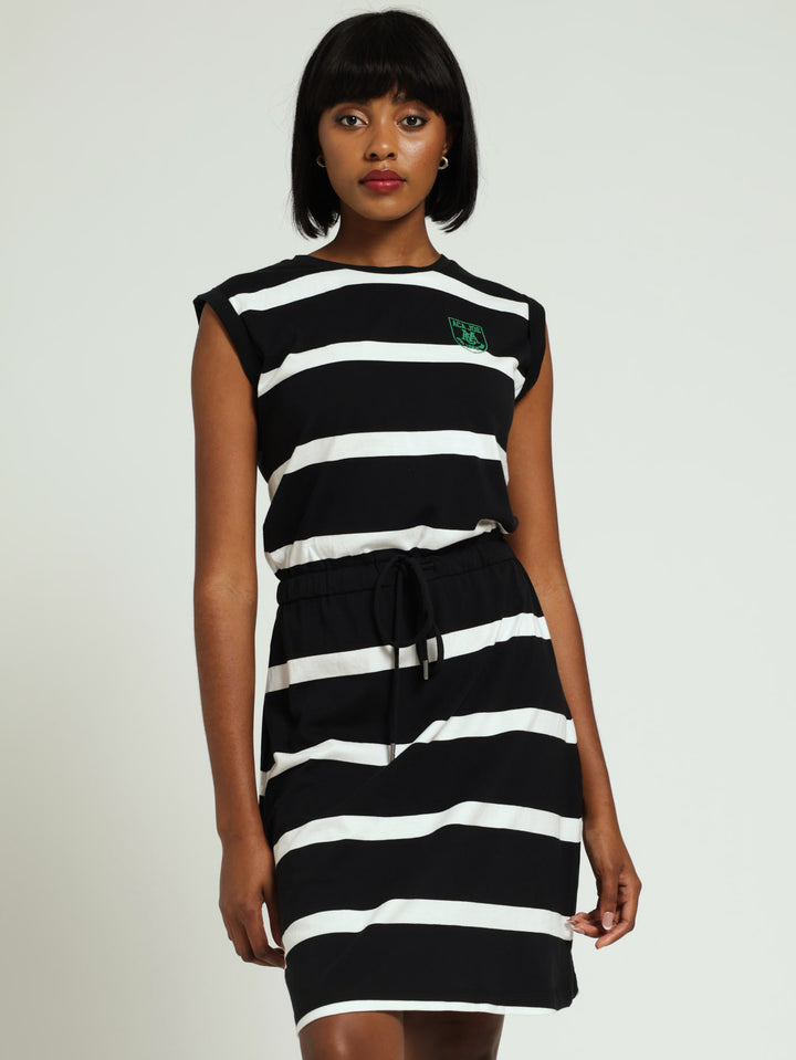 Yarn Dyed Stripe Elasticated Waist Embroidered Badge Dress - Black/White