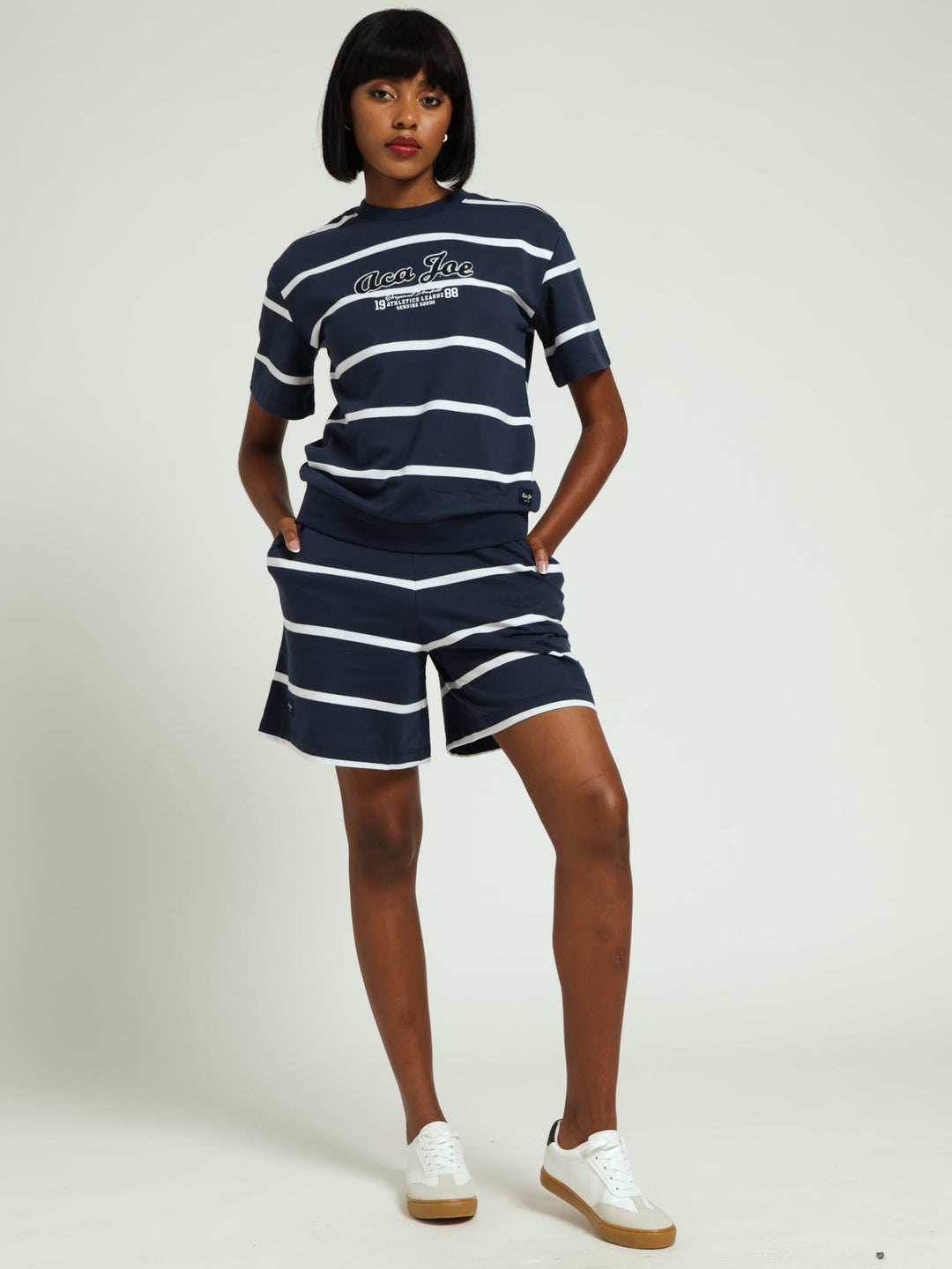 Unbrushed Fleece Yarn Dyed Stripe Embroidery Top - Navy/White