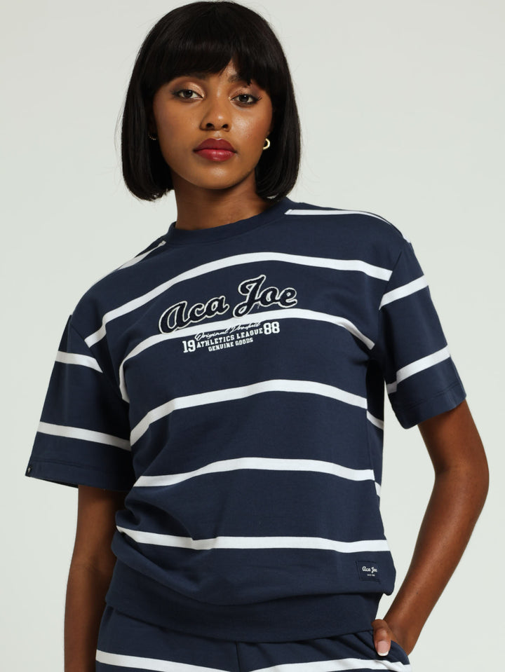 Unbrushed Fleece Yarn Dyed Stripe Embroidery Top - Navy/White