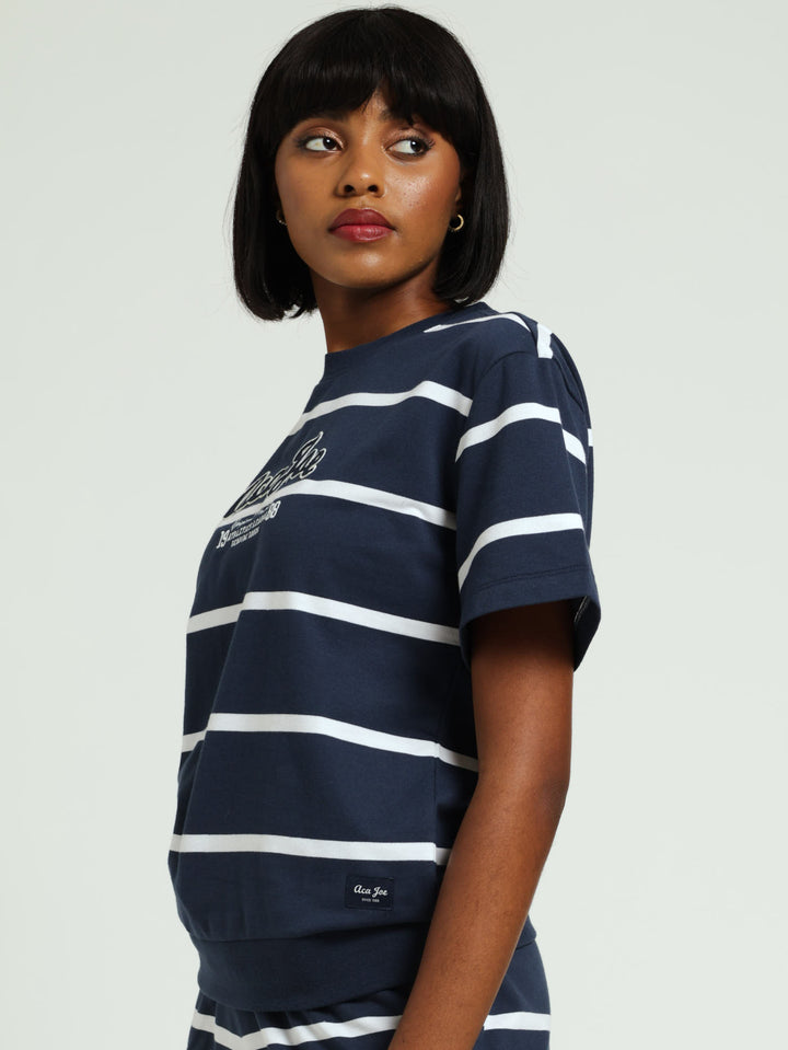 Unbrushed Fleece Yarn Dyed Stripe Embroidery Top - Navy/White