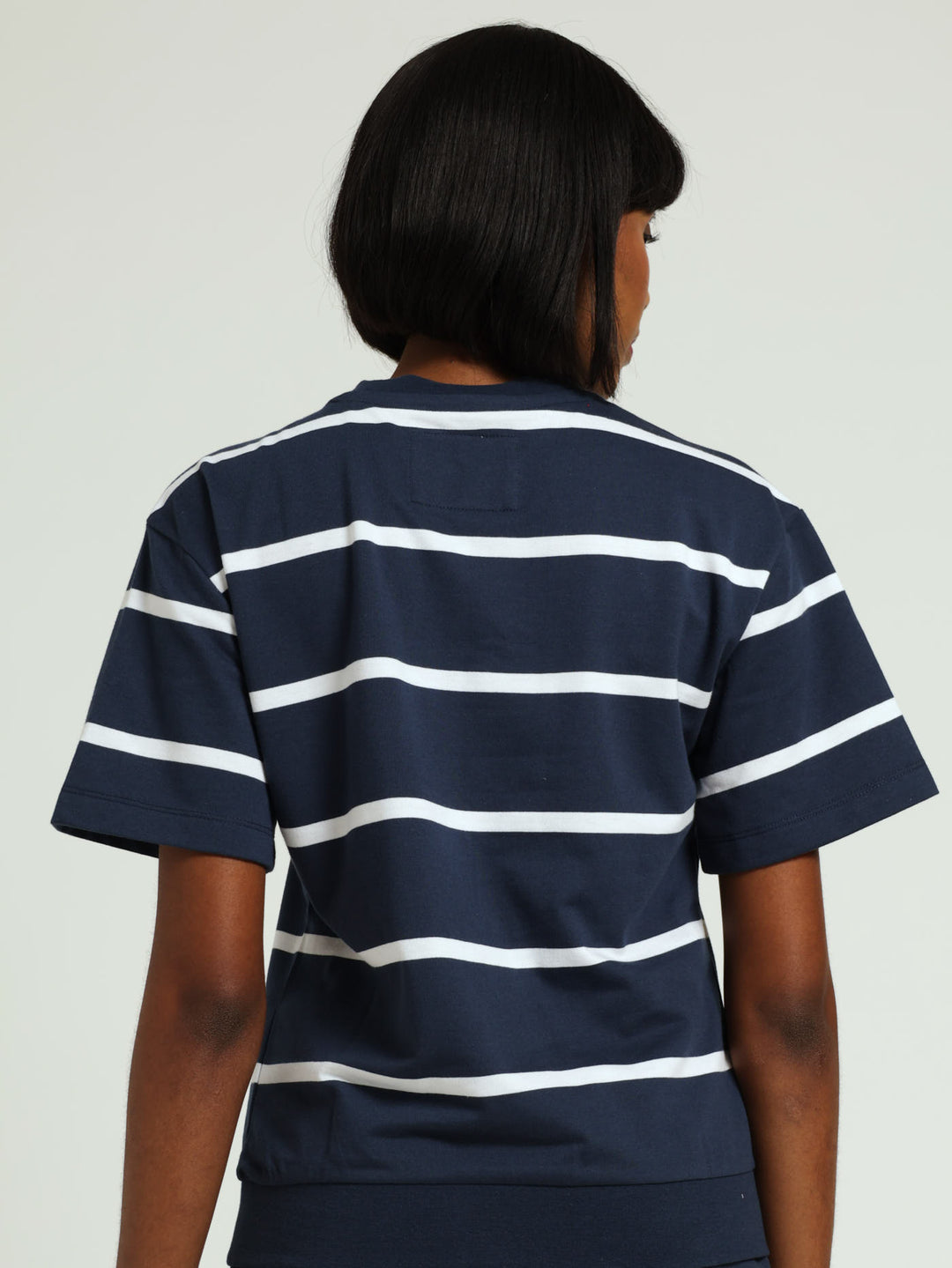 Unbrushed Fleece Yarn Dyed Stripe Embroidery Top - Navy/White