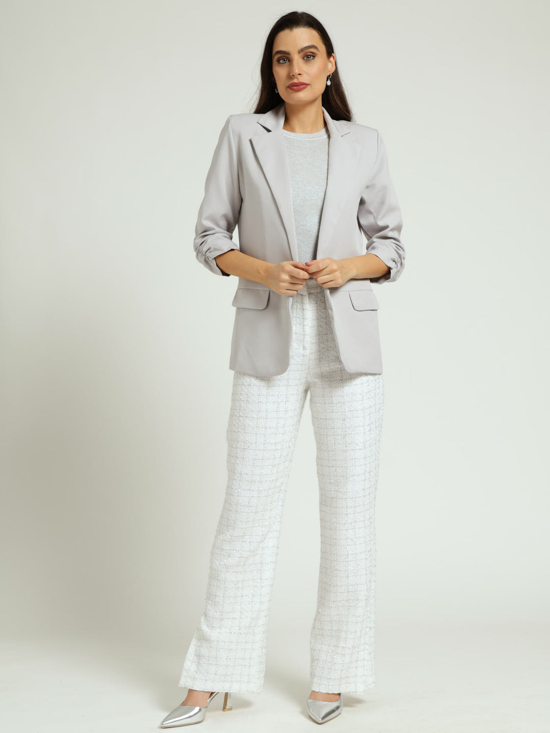 Ruched Sleeve Pocket Flap Blazer - Grey