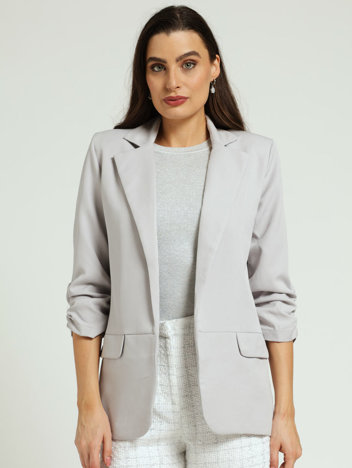 Ruched Sleeve Pocket Flap Blazer - Grey