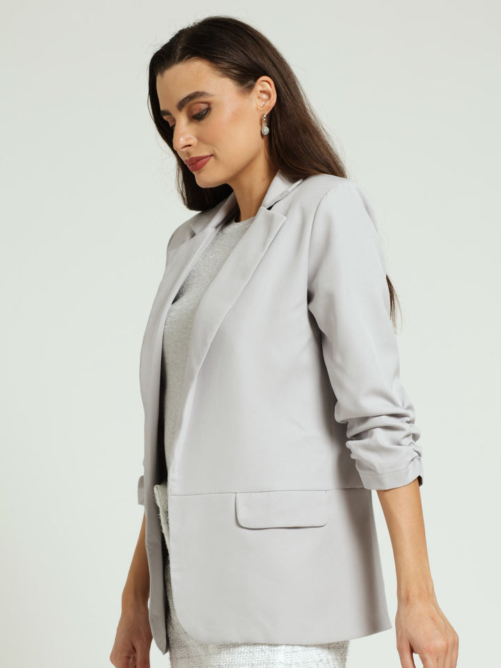 Ruched Sleeve Pocket Flap Blazer - Grey