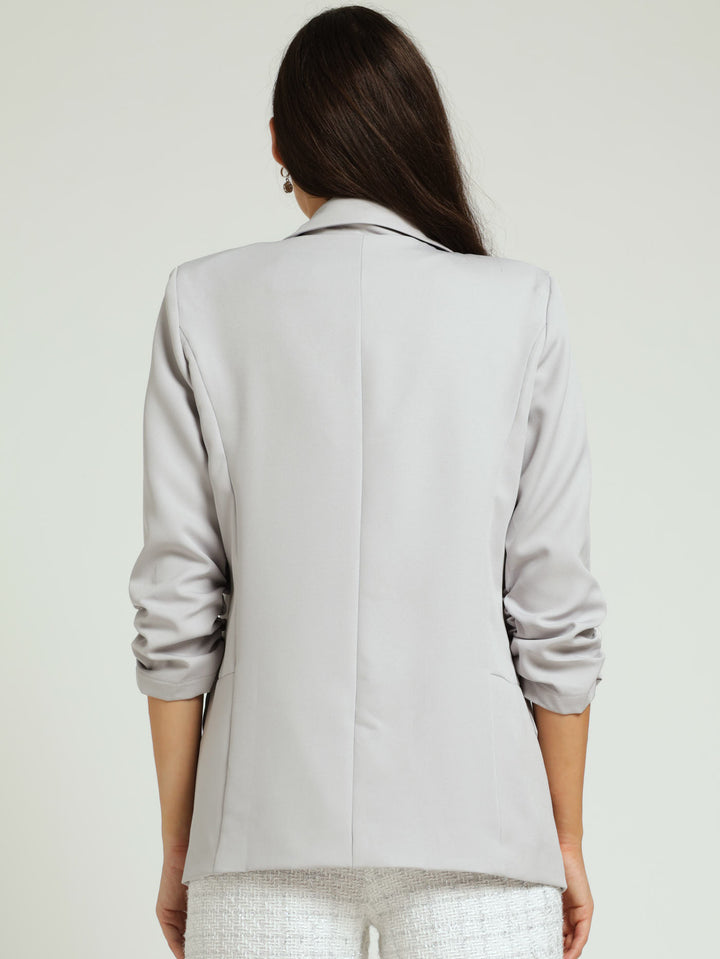 Ruched Sleeve Pocket Flap Blazer - Grey