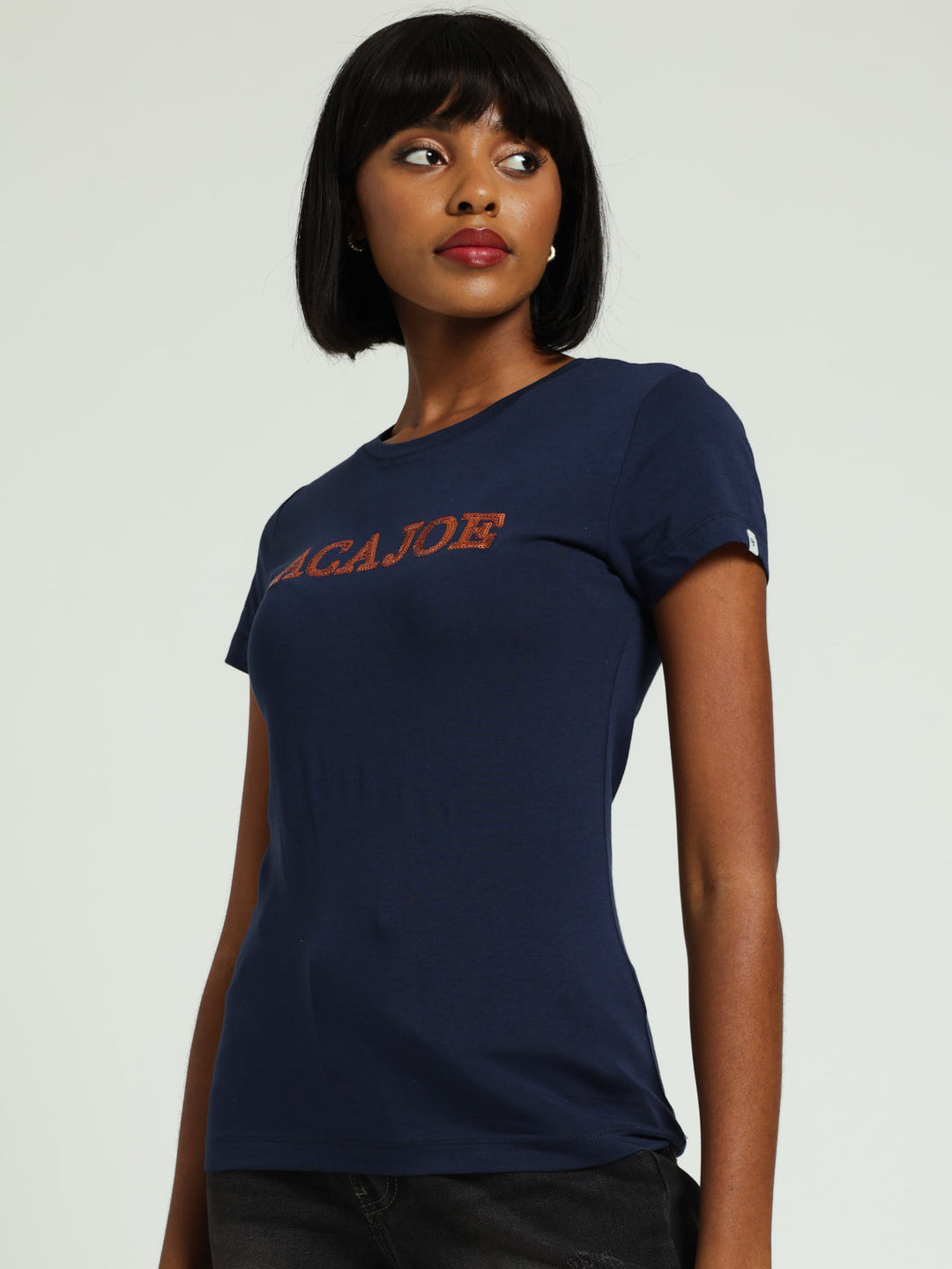 Cotton Lycra Copper Lurex Embroidery Crew Tee - Blue