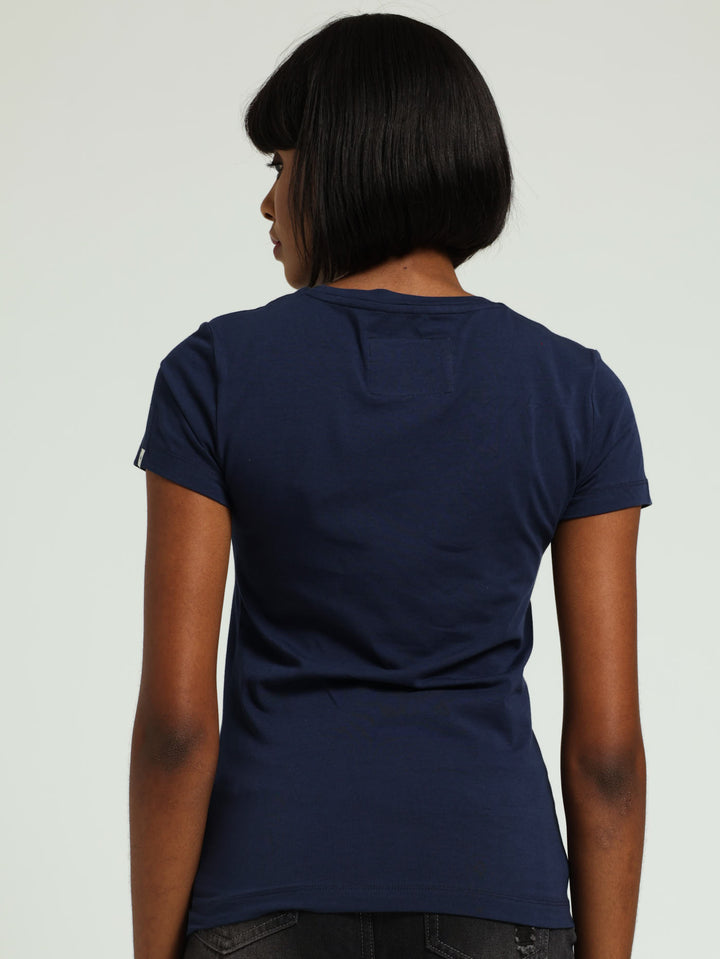 Cotton Lycra Copper Lurex Embroidery Crew Tee - Blue