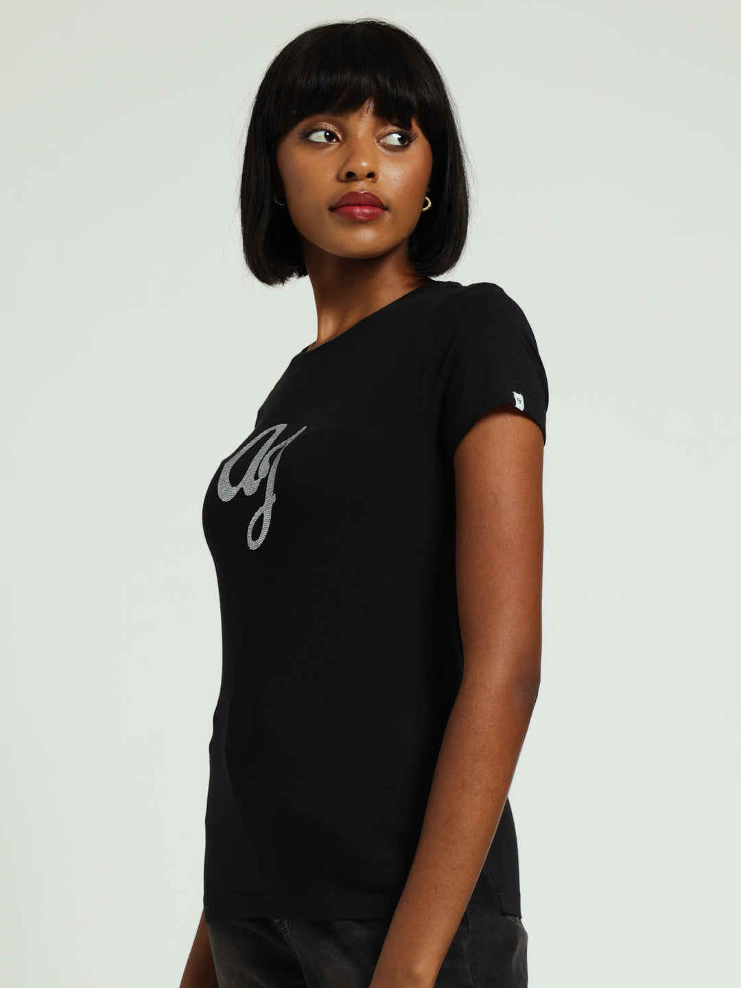 Cotton Lycra Silver Sequin Crew Tee - Black