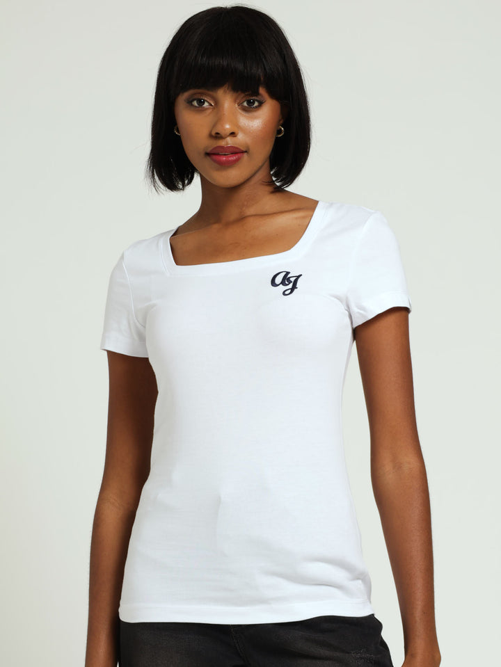 Embroidery Square Neckline Tee - White