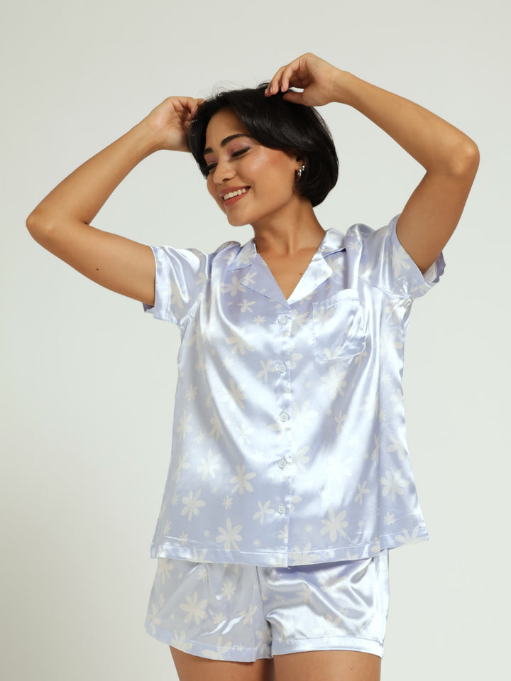 Satin Flowers Short Sleep Set - Light Blue