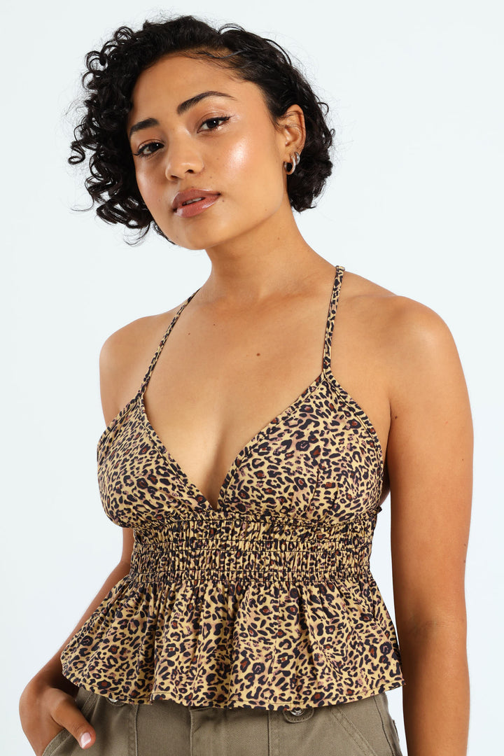 Leopard Print Babydoll Top - Beige