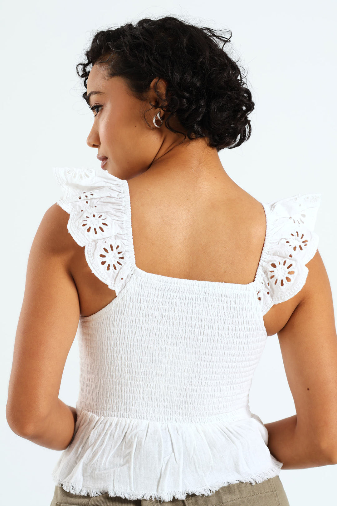 Embroidered Cap Sleeve Gause Top - White