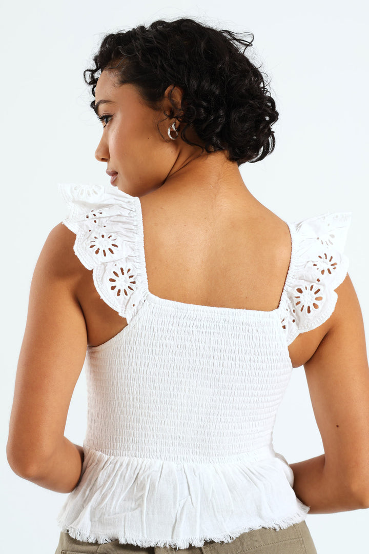 Embroidered Cap Sleeve Gause Top - White