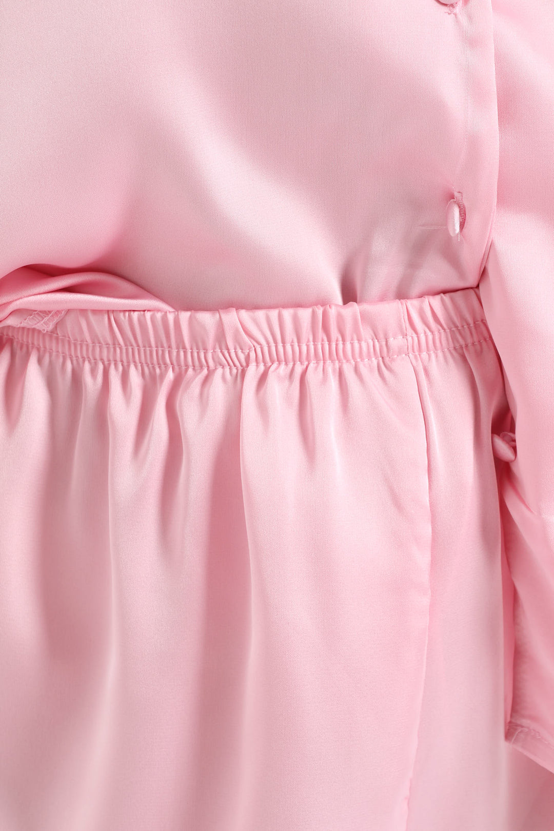 Button Through & Frill Plain Satin Short Set - Pink