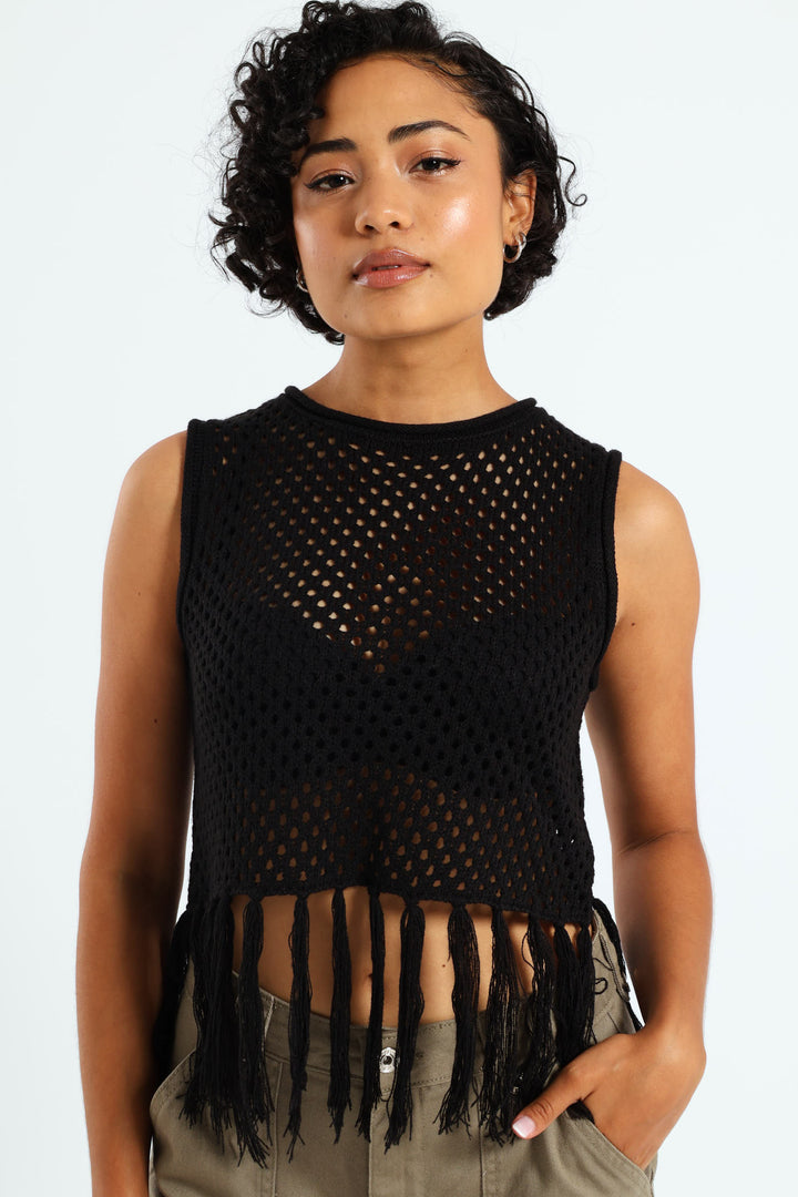 Crochet Tassel Top - Black