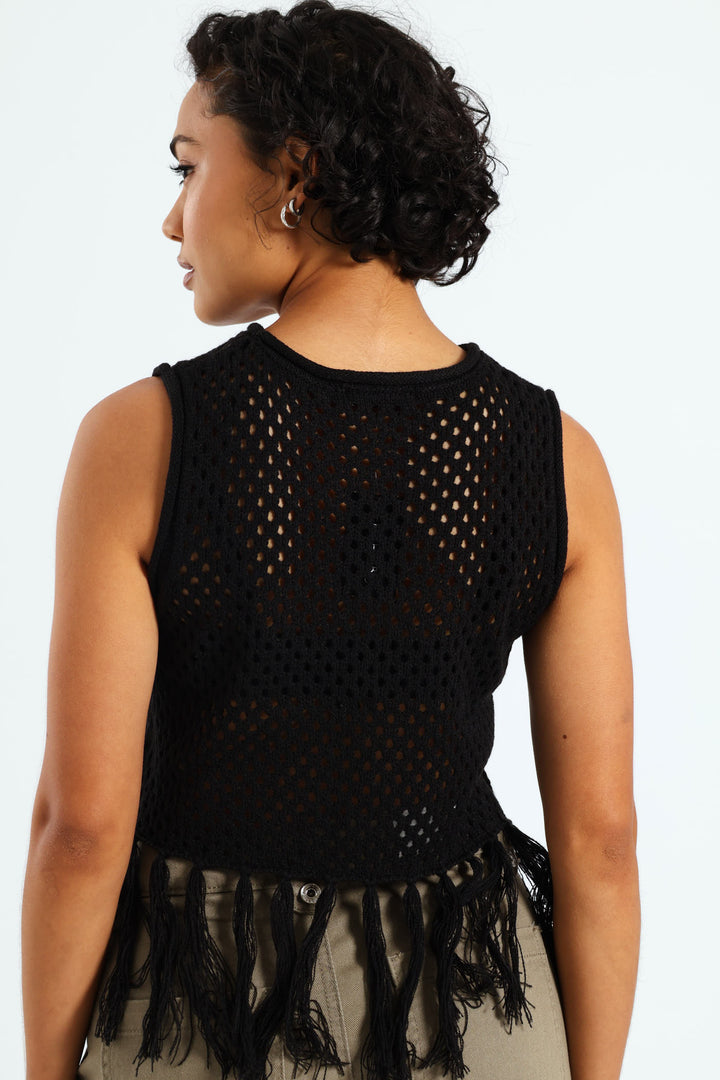 Crochet Tassel Top - Black