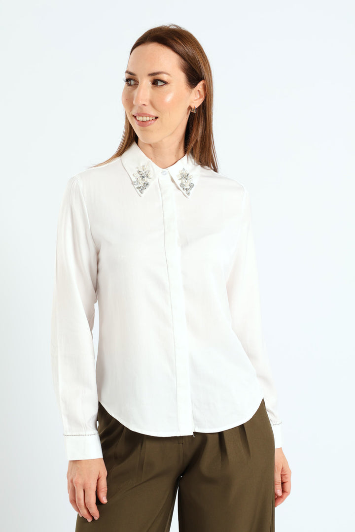 Embellished Collar Shirt - Cream