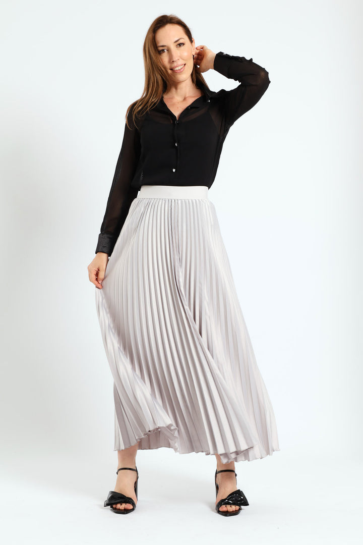 Pleated Satin Maxi Skirt - Silver