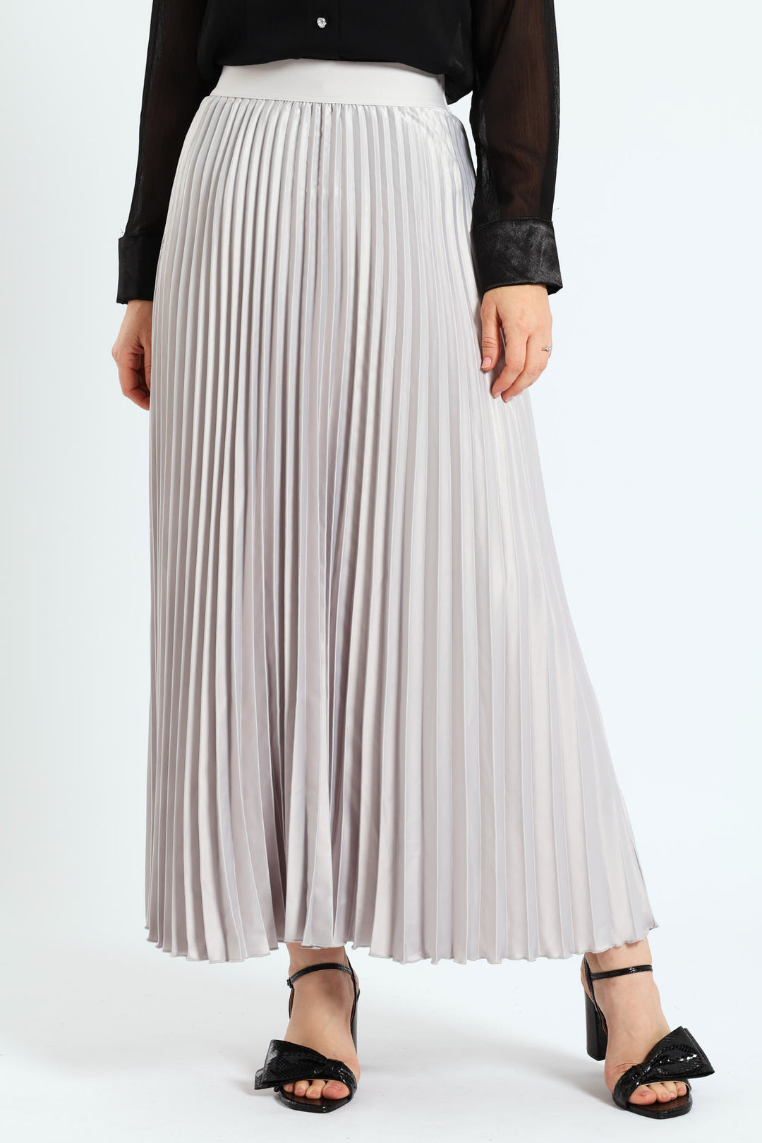 Pleated Satin Maxi Skirt - Silver