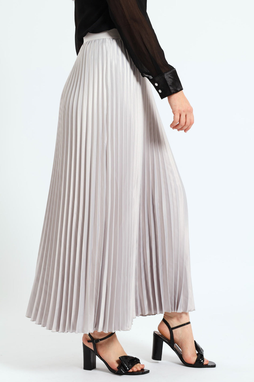 Pleated Satin Maxi Skirt - Silver