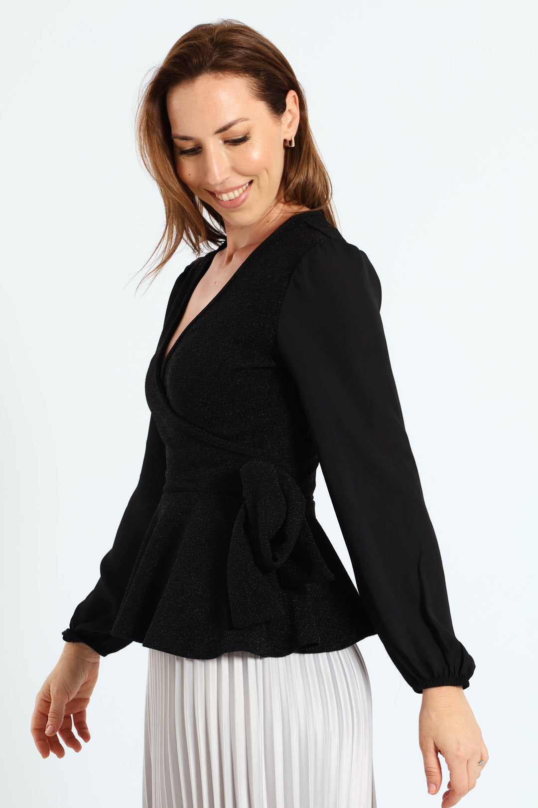 Wrap Tie Up Shimmer Combo Blouse - Black