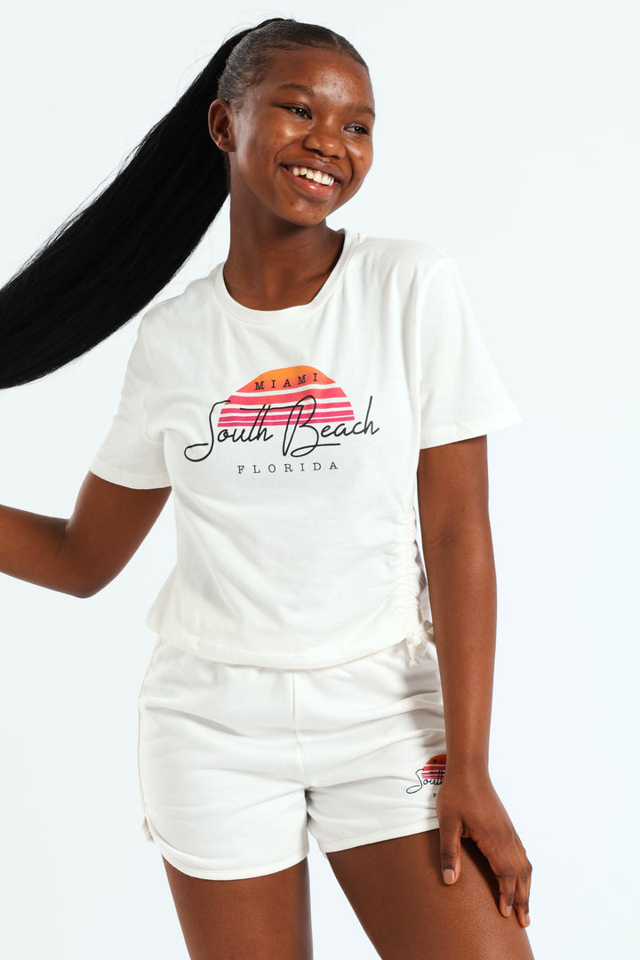 Girls Miami Drawstring Tee - White