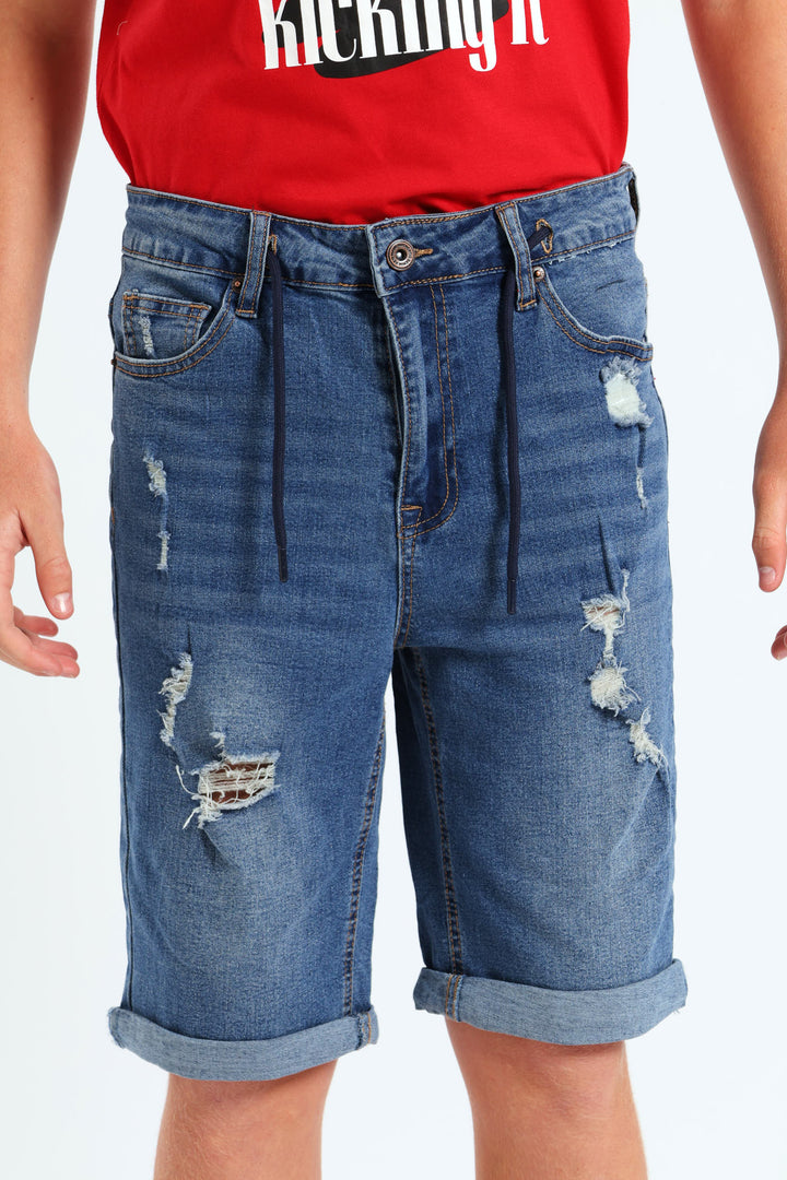 Boys Rip And Repair Denim Shorts - Blue