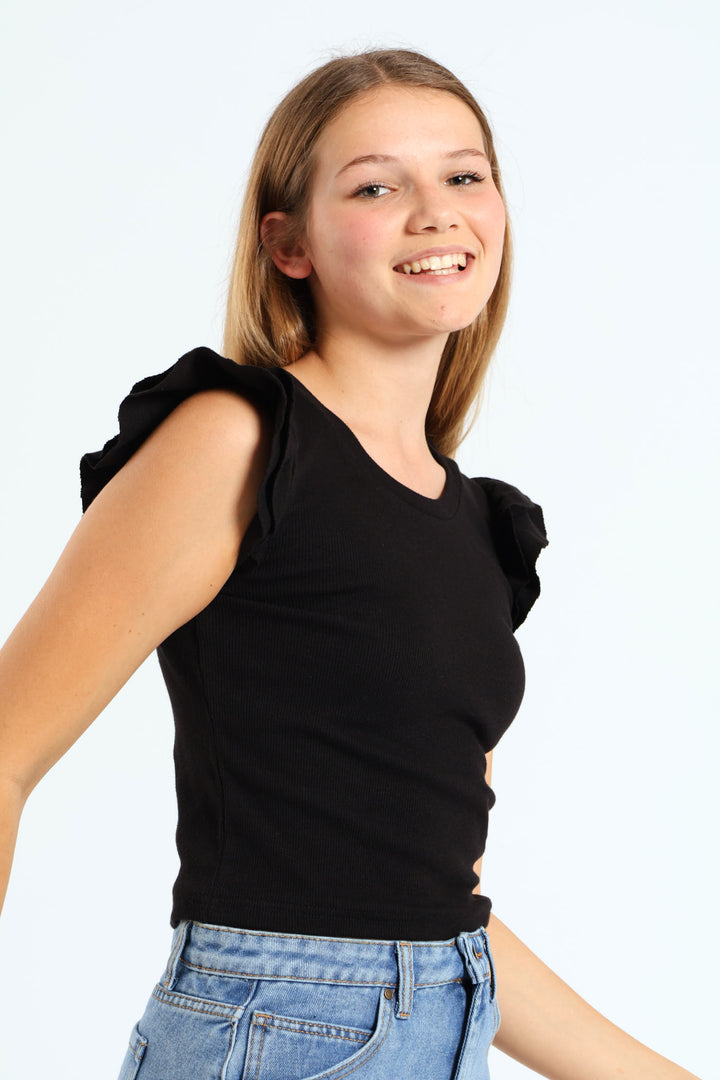 Girls Frill Sleeve Rib Top - Black