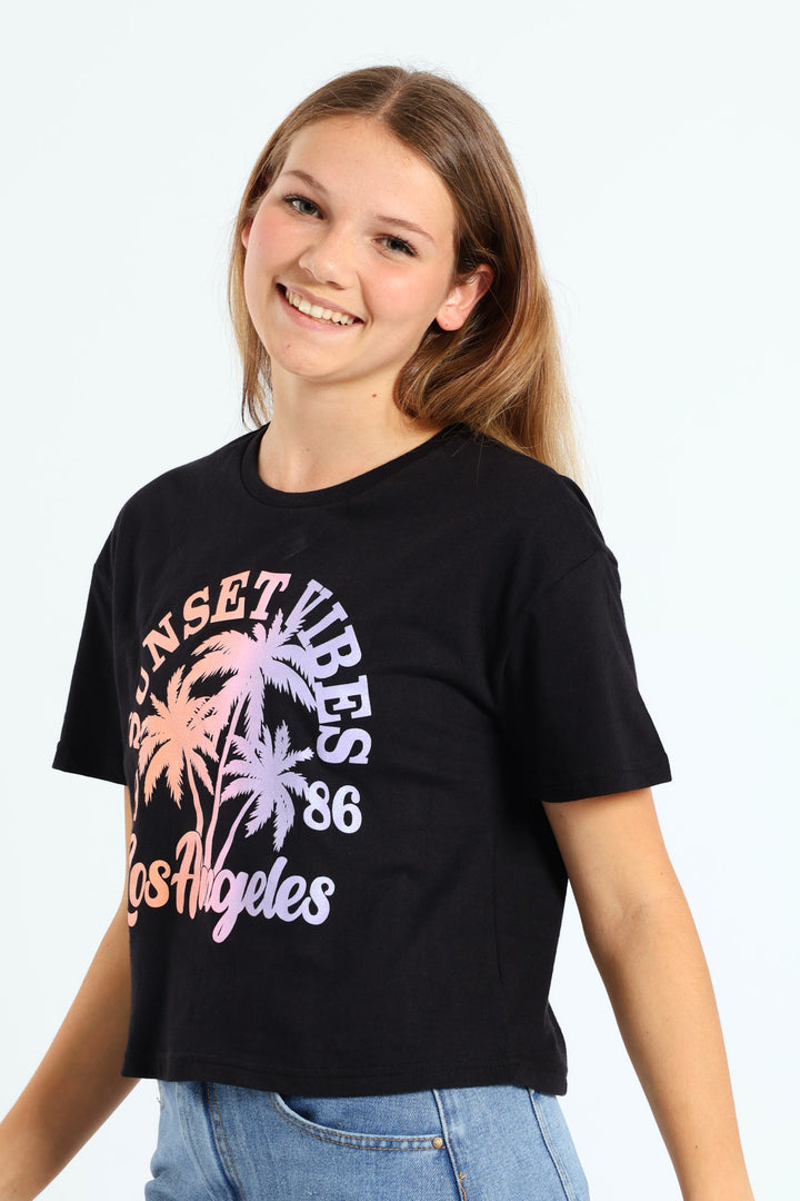 Girls Boxy Sunset Tee - Black